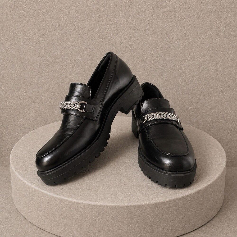YETIER Black Platform Chain Lug Sole Loafers Slip On Round Toe Preppy Retro 9